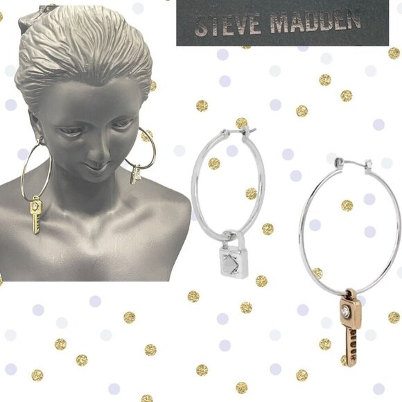 Steve Madden Silver-Brass Lock & Key Charms Pave Accent Two Sized Hoop Earrings - Picture 1 of 4